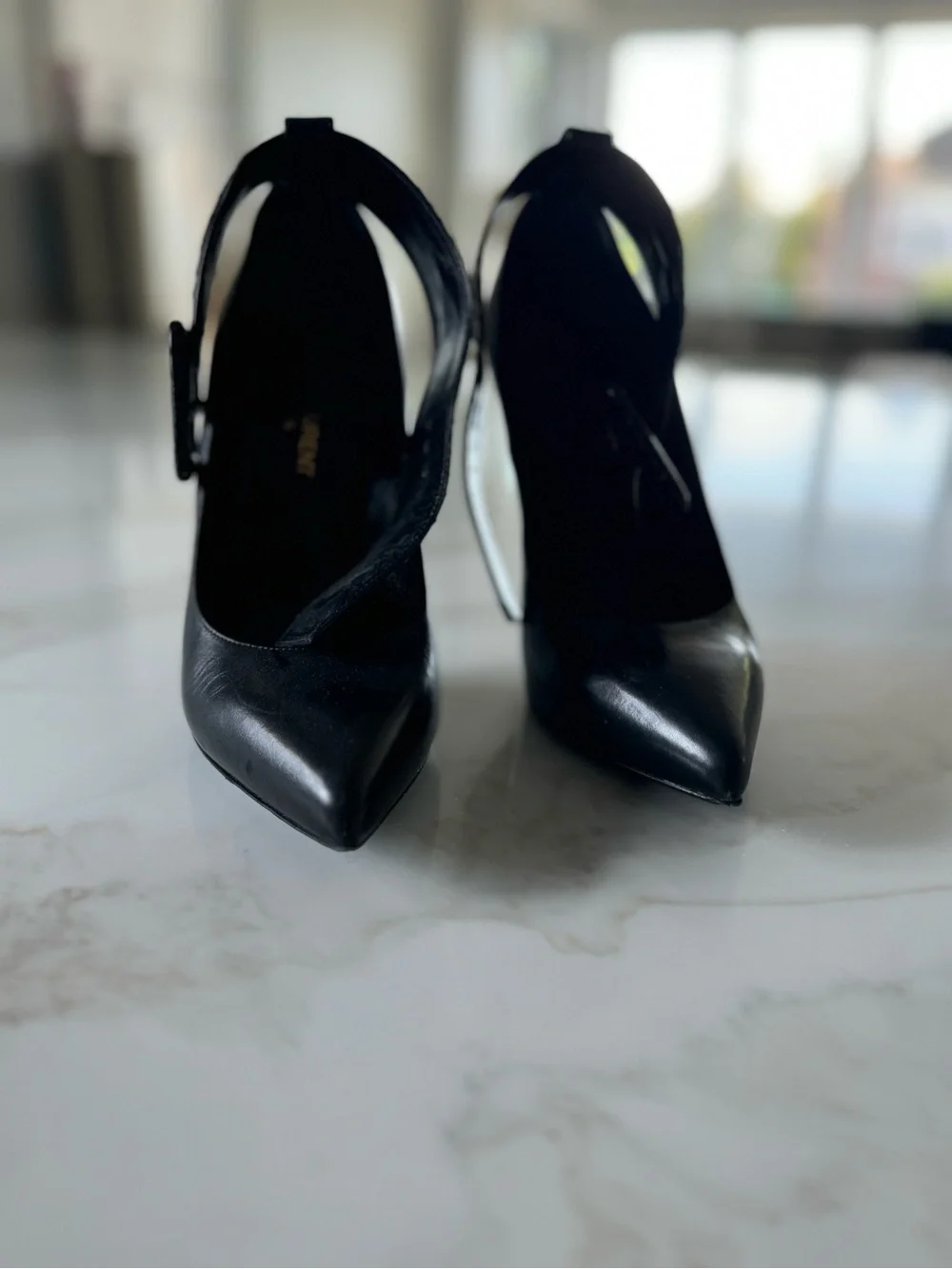 Saint Laurent Black Pointed Leather Stiletto Pumps with Wide Ankle Buckle - Picture 7 of 9